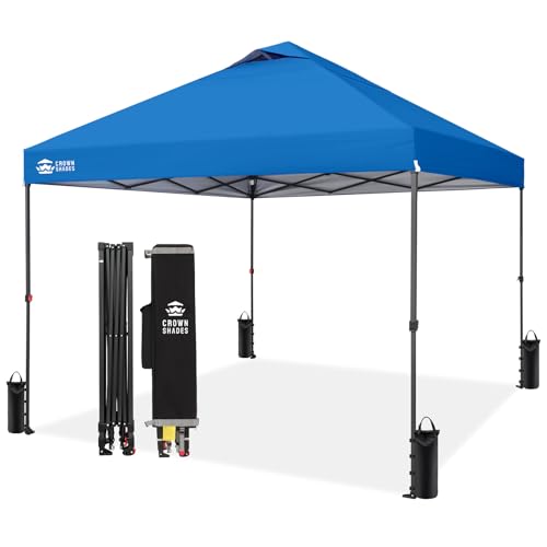 CROWN SHADES 10x10 Pop Up Canopy Tent - Patented Center Lock One Push Instant Outdoor Canopy Beach Tent with STO-N-Go Bag 8 Stakes & 4 Sand Bags，Blue - style: Blue