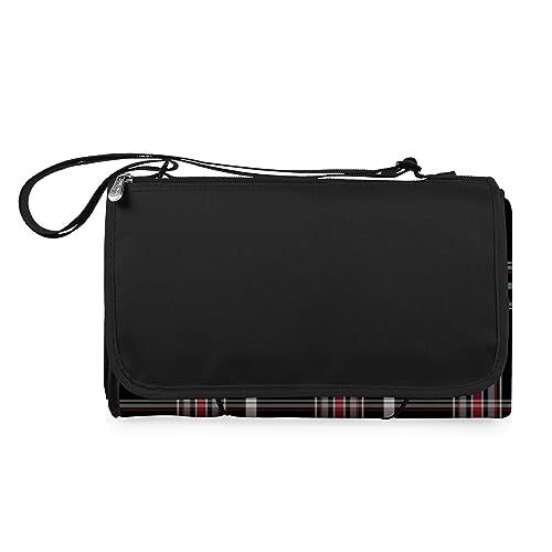 PICNIC TIME Outdoor Picnic Blanket Tote, 59"x51" Foldable Beach & Camping Blanket with Soft Fleece, Water-Resistant Bottom, Adjustable Strap & Zippered Pocket (Black Tartan, Black Flap) - color: Black Tartan
