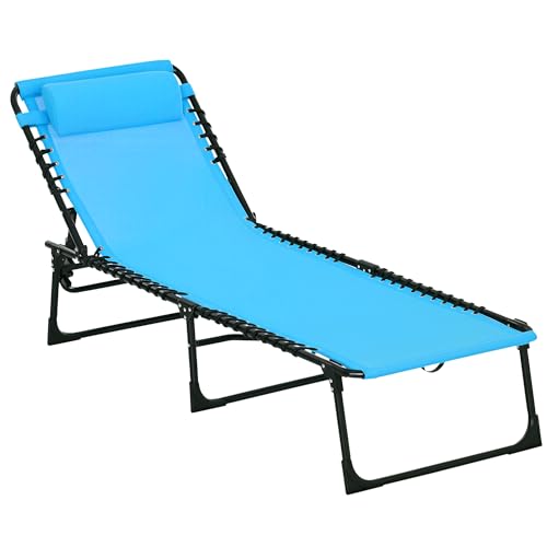 Outsunny Folding Chaise Lounge Chair, Patio Sun Tanning Chair, Outdoor Chaise Lounger with 4-Position Reclining Back, Breathable Mesh Seat for Beach, Poolside, Yard, Blue - color: Light Blue, size: 1 Pack