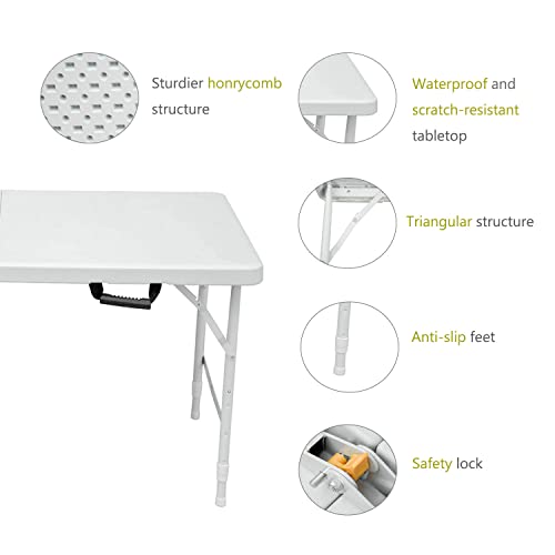 Portable Plastic Folding Table 4ft/6ft/8ft Heavy Duty White Black Picnic Dining Table Fold-in-Half for Camp Party Kitchen Indoor Outdoor (White, 4FT) - color: White, size: 4FT, style: Flat Desktop