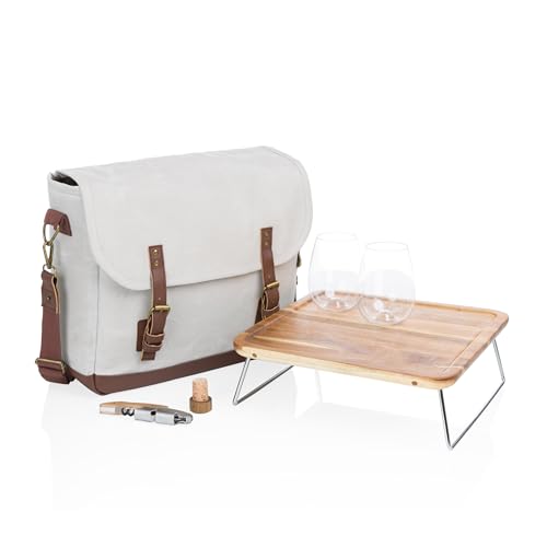 PICNIC TIME Adventure Wine Tote Bag with Wine Glasses and Mini Table, Wine Picnic Bag, 2 Bottle Wine Bag, (White) - color: White