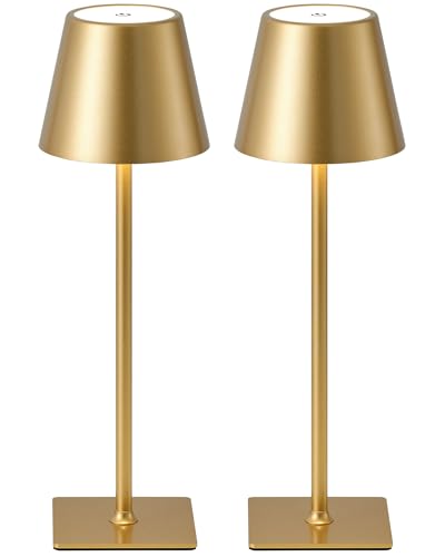 KDG 2 Pack Cordless Table Lamp, Portable LED Desk Lamps, 5000mAh Battery Operated, 3 Color Stepless Dimming Up, for Restaurant, Bedroom, Outdoor Camping, Coffee Shop, Night Light, Rechargeable (Gold) - color: Coated Gold-2