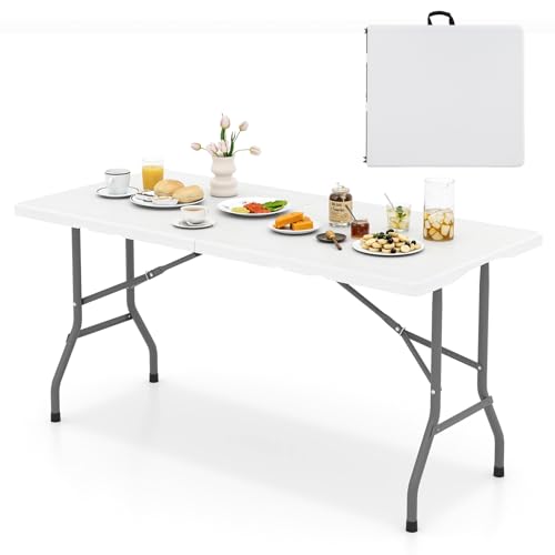 Goplus 5ft Folding Table, Indoor Outdoor Foldable Plastic Folding Tables, Heavy-Duty Rectangular Fold Up Table w/Handle, Portable Utility Card Table for Picnic, Party, Dining, Camping, Beach, White - color: White, size: 5FT