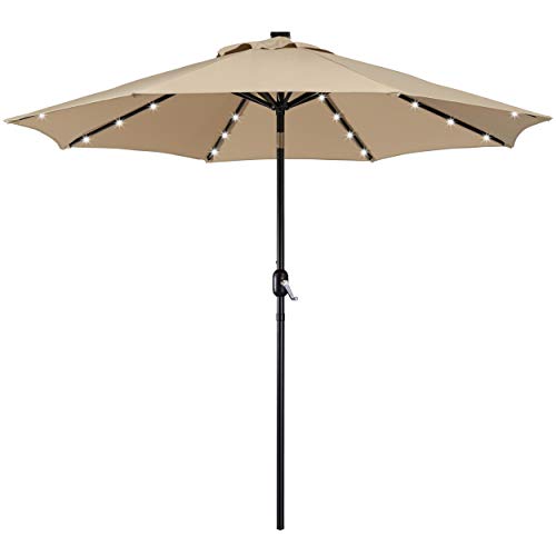Yaheetech 9FT Solar Powered Patio Umbrella - UV Protection Market Table Umbrella w/ 32 LED Lights & Push Button Tilt & Crank Lift System for Garden/Lawn/Deck/Backyard/Pool,Tan - color: Tan, size: 9ft