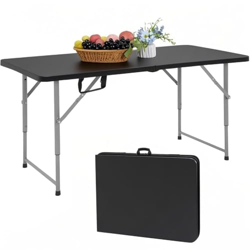 4 Foot Folding Table Adjustable Height 22-30 Inch, Heavy Duty Fold in Half Plastic Table with Steel Legs, Portable Indoor Outdoor Table for Picnic, Camping, Dining, Party - color: Black-a, size: 4FT