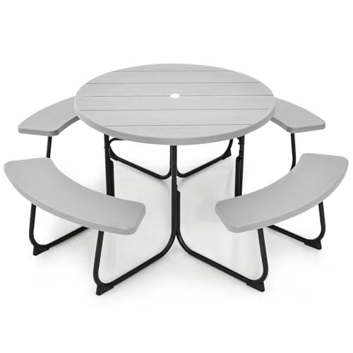 Tangkula 8 Person Picnic Table, Outdoor Round Picnic Table with 4 Built-in Benches, Umbrella Hole, Metal Frame & HDPE Tabletop, Outside Table and Bench Set for Backyard, 2300lbs Weight Capacity - color: Grey