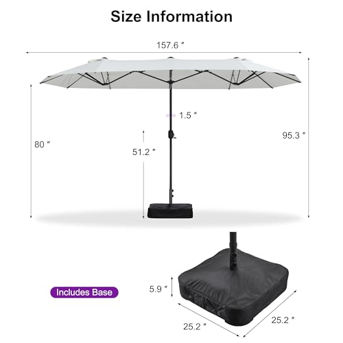 PURPLE LEAF 13ft Patio Market Umbrella with Base Double-Sided Rectangle Outdoor Table Sun Umbrellas with Crank 12 Heavy Duty Sturdy Ribs for Pool Beach Deck Backyard Cream - color: Cream, size: 13' X 7'