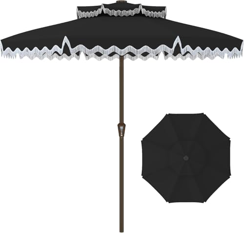 Kingdura 9ft Patio Umbrella with Fringe, Outdoor Table Umbrella with 8 Sturdy Fiberglass Ribs, Push-Button Tilt, UPF 50+, Luxurious Vintage Pool Umbrellas - color: Black - Fringe, size: 9 Ft