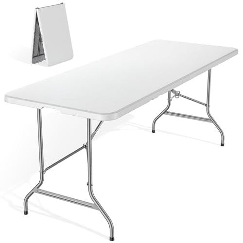 DUMOS 6 Feet Folding Picnic Table, Plastic Table with Carrying Handle, Heavy Duty Portable Table for Camping Party, White - color: White, size: 6 FT