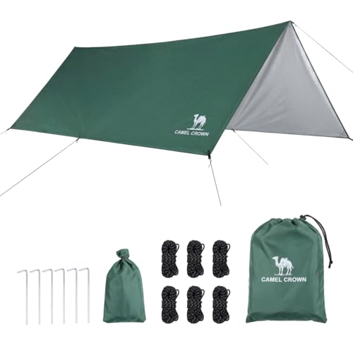CAMEL CROWN Camping Tarp,3000mm Waterproof & UPF 50+ Sun Protection Rain Fly Tarp - Lightweight Portable Camping Shelter with Stakes, Guy Lines & Carry Bag, for Hiking Backpacking Beach Picnic Shade - color: Army Green