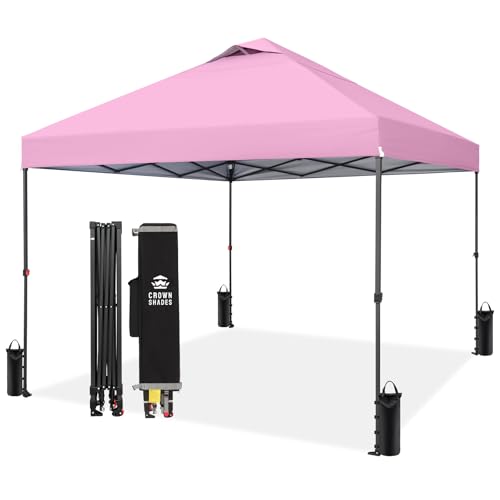 CROWN SHADES 10x10 Pop Up Canopy Tent - Patented Center Lock One Push Instant Outdoor Canopy Beach Tent with STO-N-Go Bag 8 Stakes & 4 Sand Bags，Pink - style: Pink