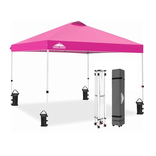 EAGLE PEAK Pop Up Canopy Tent with Wheeled Carry Bag, 8 Stakes, 4 Ropes, 4 Weight Bags, Easy Set Up Tent Canopy, 10x10 ft, 100sqft of Shade, Pink - color: Pink, size: 10x10