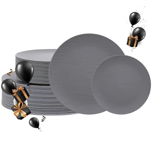 WONDERFUL 32pcs Dark Grey Plastic Plates Reusable Plates Unbreakable and Dishwasher safe Dishes Set Outdoor Plate Includes:16 Dinner 10" & 16 Dessert Plate 7.3" Suitable for Camping Outdoor Party - color: Dark Drey