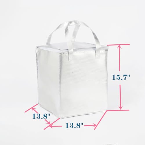 13.8×13.8×15.8" Reusable Insulated Zipper Aluminum Foil Tote Bag Suit for Picnic Cake FruitDrink Refrigeration Also for Delivery of Takeaway Thermal Pizza Insulated Delivery (Laser Silver) - color: Laser SILVER, size: 13.8×13.8×15.8"