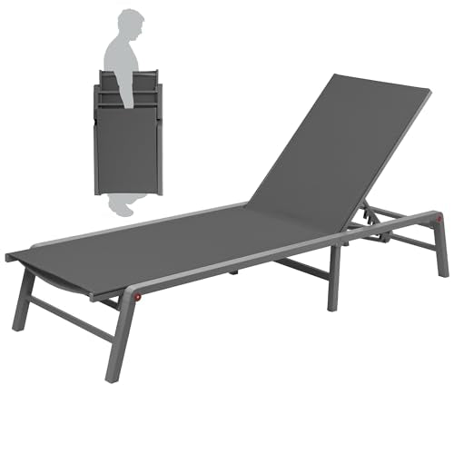 Kozyard Outdoor Foldable Lounge Chair, Aluminum Frame Patio Lounger with 5-Position Adjustable Backrest, Breathable Textilene Fabric, Assemble-Free, Reclining & Full-Flat Poolside (Gray, No Table) - color: Gray/Style3