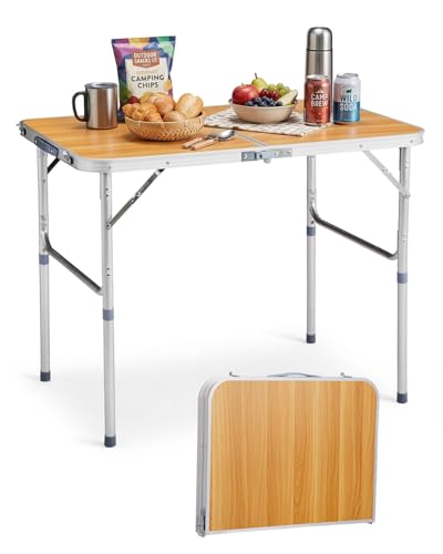 Outvita 3ft Portable Folding Camping Table, Outdoor Waterproof Adjustable Height Table, Aluminum Lightweight Suitcase Foldable Table for Picnic BBQ Beach Dining - color: Yellow, size: 35*24*28