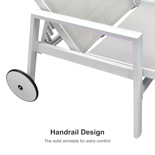 PURPLE LEAF Lounge Chair Outdoor Set 2 Pieces White Aluminum Chaise Lounge with Armrest and Wheels for Pool Deck Patio, Ivory - color: Ivory, style: Straight-leg w/ Armrest