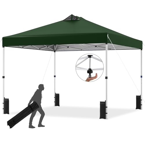Tangkula 10 x10 Ft Pop Up Canopy with Center Lock, UPF 50+ One-Button Setup Outdoor Canopy Tent with Roller Bag, 4 Sand Bags, Heavy-Duty Steel Frame, 8 Stakes, 4 Ropes for Camping, Picnic (Green) - color: Green