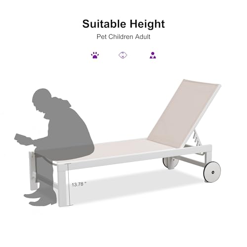 PURPLE LEAF Outdoor Chaise Lounge Chairs Set of 2 White Aluminum Lounge Chair Five-Position Adjustable Chaise with Wheels and Table for Pool Deck Patio, Linen - color: Linen, style: Standard Straight-leg