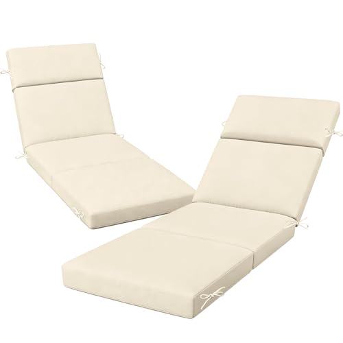 2 Pcs Outdoor Chaise Lounge Cushion 72" x 21" x 3", 4-Section Folding Patio Lounge Chair Cushion with Ties, Waterproof & Fade Resistant Replacement Cushion for Pool, Patio, Deck (Beige, 2 Pcs) - color: Beige, size: 2 Pcs