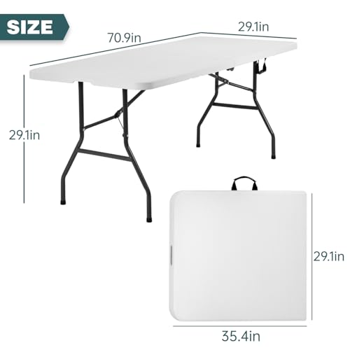 FDW 6 Foot Outdoor Dining Table, Foldable Portable Rectangular Plastic Folding Table with Built in Carrying Handle for Party and Wedding Use, White - color: White, size: 6 FT
