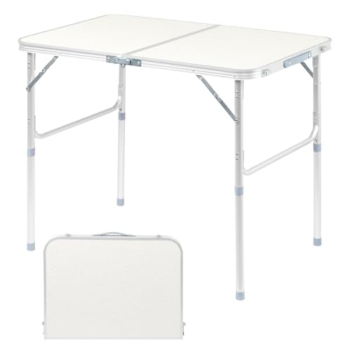 VINGLI 3FT Small Camping Folding Table Adjustable Height Aluminum Folding Table for Picnic Party BBQ, Plastic RV Suitcase Table Portable Lightweight Fold Up Utility Outdoor Tables - color: White, size: 3ft