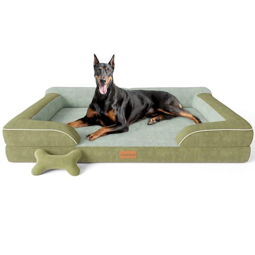 CWAWZ XXL Dog Bed for Extra Large Dogs, Giant Orthopedic Dog Bed with Cooling Gel Memory Foam, Waterproof Pet Bed with Removable Washable Cover, 53" Pet Sofa bed Dutch Velvet with Bone Toy, Dark Green - color: Dark Green, size: XX-Large(53"L x 42"W x 9.5"