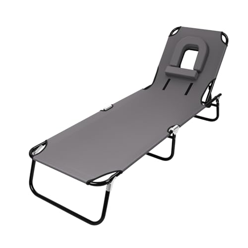 Patio Lounge Chair Reclining Folding Chaise for Indoor Outdoor Adjustable Portable Chair Removable Pillow, Sunbathing Chair for Patio, Poolside, Lawn, Beach Grey - color: Grey