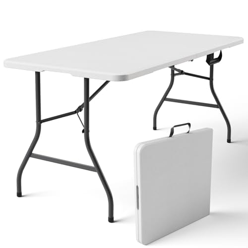 Folding Table 5ft - Heavy Duty Fold-in-Half Plastic Table, Portable Utility Tables with Steel Legs for Indoor, Outdoor, Picnic, Camping, Dining, Party (White) - color: White, size: 5ft