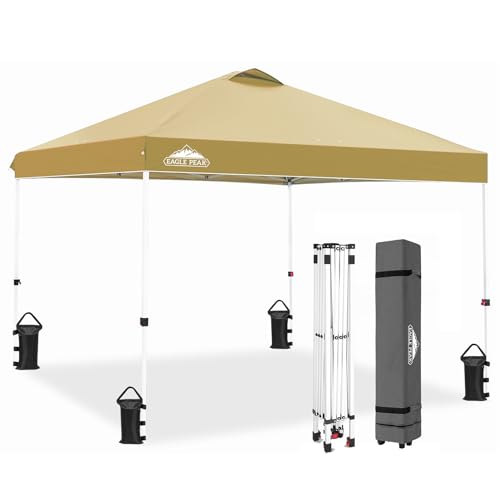 EAGLE PEAK Pop Up Canopy Tent with Wheeled Carry Bag, 8 Stakes, 4 Ropes, 4 Weight Bags, Easy Set Up Tent Canopy, 10x10 ft, 100sqft of Shade, Beige - color: Beige, size: 10x10
