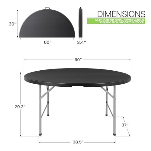 Magshion 60" Round Folding Table, 5 Feet Bi-Folding Plastic Commercial Dining Card Table w/Carrying Handle for Outdoor Wedding Party Event Picnic, Black - color: Black, size: 5Ft