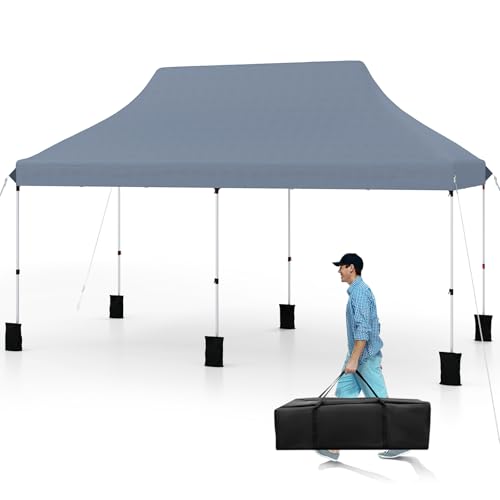Tangkula 10x20 Ft Pop Up Canopy, Instant Setup Outdoor Tent with 6 Sand Bags, 12 Stakes & 6 Ropes, UPF 50+ Portable Canopy Tent with Carrying Bag for Camp, Beach, Patio (Grey) - color: Gray, size: 10x20 Ft