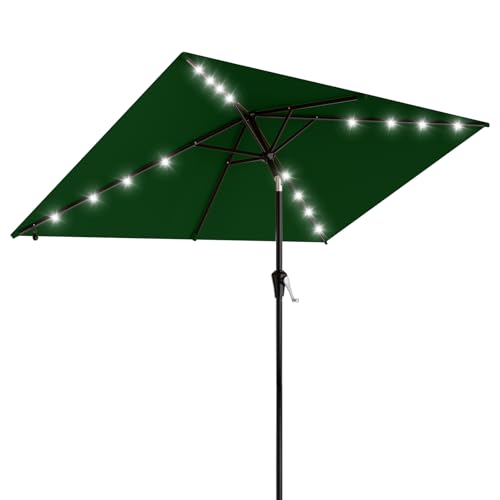 AreShark 6.5' x 10' Rectangular Patio Umbrella with Solar Lights, Solar Powered Lighted Market Umbrella w/Tilt and Crank, Outdoor Table Umbrella for Garden, Deck, Backyard, Pool, Dark Green - color: Dark Green, size: 6.5 X 10 Ft