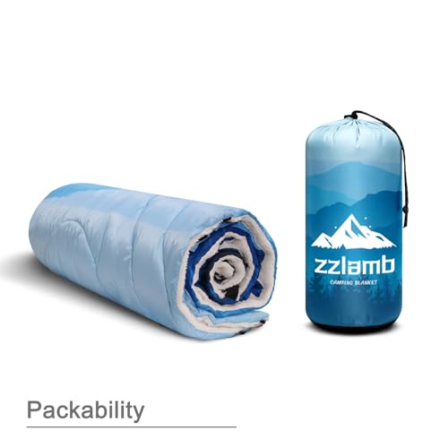 zzlamb Outdoor Camping Blanket with Sherpa Lining,Puffy Thick Camp Quilt for Sleeping,Packable Warm Wearable Fleece Blankets for Cold Weather,Traveling,Backpacking,Picnics,Beach,Stadium 52x75in - color: Cyan Ridge Fade