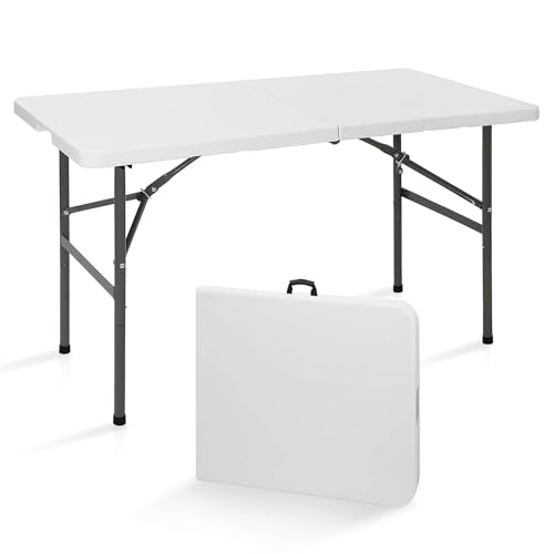 SUPER DEAL Portable 4 Foot Plastic Folding Table, Small Indoor Outdoor Heavy Duty Fold-in-Half Picnic Party Camping Barbecues Table with Carrying Handle, White - color: White, size: 48"x24", style: Rectangular