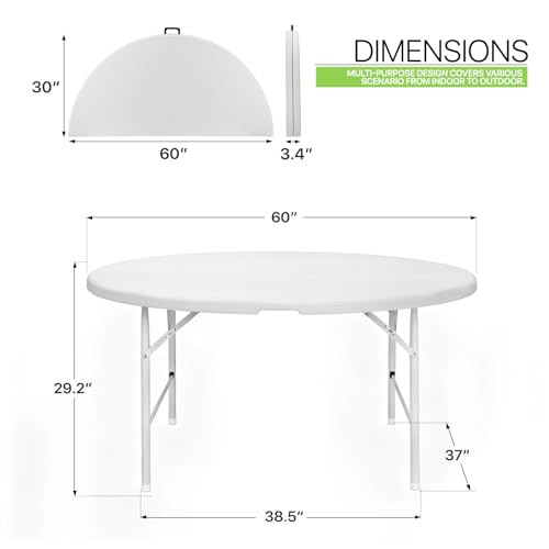 Magshion 60" Round Folding Table, 5 Feet Bi-Folding Plastic Commercial Dining Card Table w/Carrying Handle for Outdoor Wedding Party Event Picnic, White - color: White, size: 5Ft