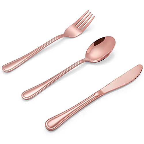 LIANYU 12-Piece Rose Gold Kids Silverware Set, Stainless Steel Toddler Utensils Flatware Set, Child Cutlery Tableware for 4, Include knife Fork Spoon, Mirror Finished, Dishwasher Safe - color: Copper