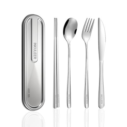 Travel cutlery set, 18/8 stainless steel cutlery, Reusable utensils set with case, Portable Silverware Lunch Box for Camping and Office-Stainless steel - color: Stainless Steel