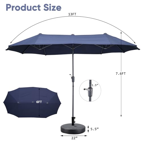 13Ft Large Patio Umbrella with Base Outdoor Double-Sided Market Extra Large Table Umbrella Easy Crank for Yard, Poolside, Deck-Navy Blue - color: Navy Blue, size: 13FT Umbrella+Base