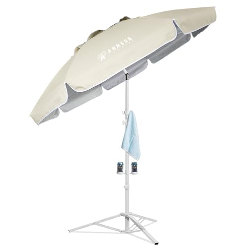 AMMSUN Shade Umbrella, Premium Portable Umbrella with Stand, 6.5ft Lightweight Free Standing Canopy for Sporting Games, Adjustable Instant Sun Protection and Easy to Carry, Beige - color: Beige