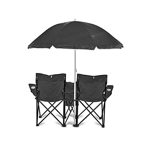 GoTEAM! Portable 2-Seat Folding Camp Chair with Cooler, Umbrella & Cup Holders – Outdoor Picnic, Beach, or Tailgate Seating – Carry Case Included - color: Black