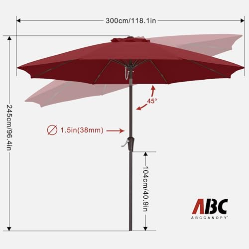 ABCCANOPY 10FT Patio Umbrella, Outdoor Waterproof Table Umbrella with Push Button Tilt and Crank, 8 Ribs UV Protection Pool Umbrella for Garden, Lawn, Deck & Backyard (Wine Red) - color: Wine Red, size: 10FT