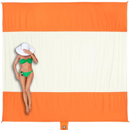 WEKAPO Beach Blanket Sandproof Waterproof, Extra Large Beach Mat, Oversized & Compact Sand Free, Quick Drying Beach Essentials for Vacation, Cruise, Picnic & Camping with Stakes - color: Orange, size: 9x10 Ft (1～8 Person)