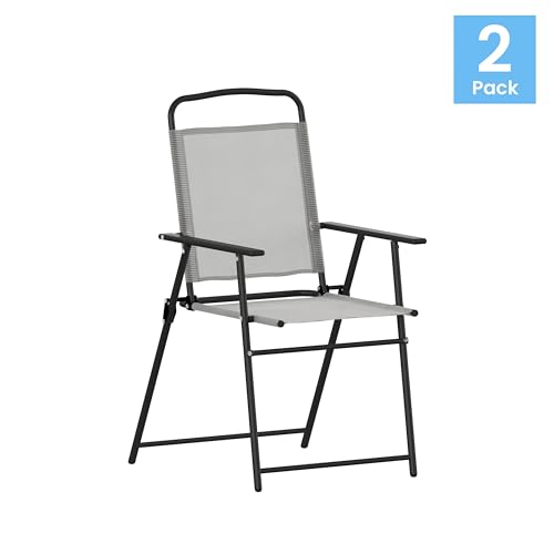 Flash Furniture Mystic Folding Patio Sling Chairs, Outdoor Textilene Lawn Chairs with Armrests, Set of 2, Gray - color: Grey
