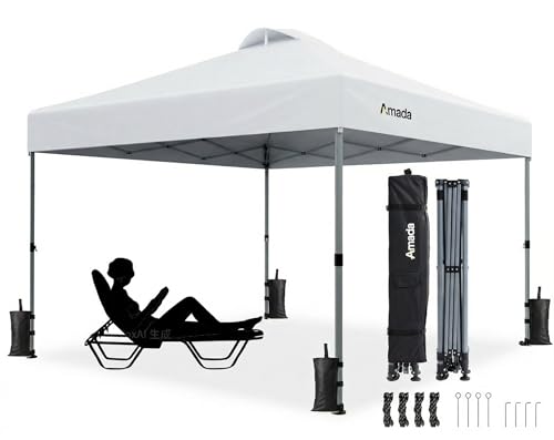 Amada 10x10 Pop Up Canopy Tent, 1-Button Push Easy-up Outdoor Canopy Beach Tent with 3-Height Adjustable Waterproof Shade Shelter, Wheeled STO-N-Go Bag 8 Stakes, 4 SandBags (10x10ft, White) - color: White, size: 10x10ft