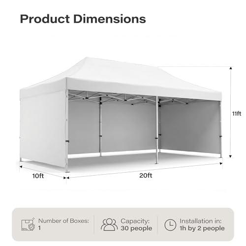 LAUSAINT HOME 10x20 Party Tent with 100ft Lights, Heavy Duty Waterproof Canopy with Removable Sidewalls & Roll-Up Door, Large White Event Shelter with Steel Frame for Wedding, Backyard, BBQ, Camping - size: 10x20 with 100ft Lights