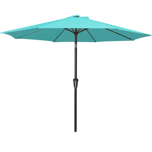 MEWAY 9ft Patio Umbrella Outdoor Table Umbrellas with Push Button Tilt and Crank, Market Umbrella 8 Sturdy Ribs for Deck, Garden, Pool and Backyard, Teal - color: Teal, size: 9ft