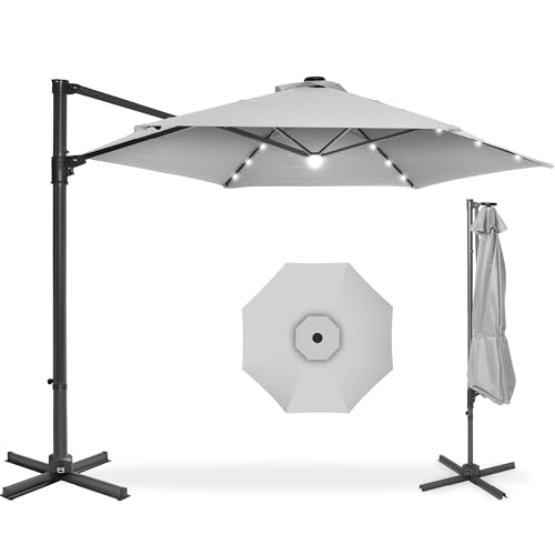 Best Choice Products 10ft Solar LED Offset Cantilever Hanging Market Patio Umbrella, Smooth 360° Rotation, 8 Sturdy Ribs, Easy Adjustment - Fog Gray - color: Fog Gray, size: Offset w/ 360° Rotation