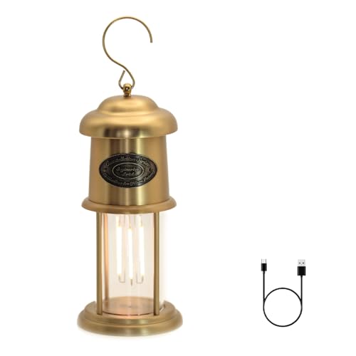 Metal Vintage LED Camping Lantern, 5200mAh Rechargeable Battery Last 12-430 Hours Camping Lamp, 3 Modes Hanging Lantern, Retro Camping Light for Courtyard Outdoor Decoration - style: Retro Brushed Brass