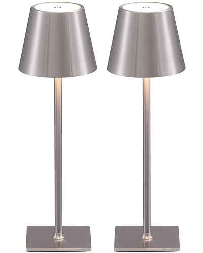 KDG 2 Pack Cordless Table Lamp,Portable LED Desk Lamp, 4000mAh Battery Operated, 3 Color Stepless Dimming Up, for Restaurant/Bedroom/Bars/Outdoor Party/Camping/Coffee Shop Night Light(Brushed Nickel) - color: Electroplated Brushed Nickel-2